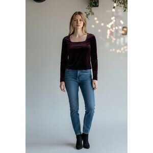 ASTR Elegant Velvet Long Sleeve Deep Burgundy Blouse MEDIUM